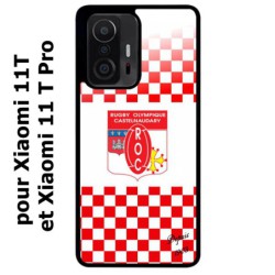 Coque noire pour Xiaomi 11T & 11T Pro Club Rugby Castelnaudary fond quadrillé rouge blanc