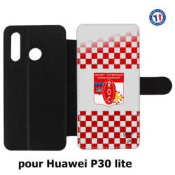 Etui cuir pour Huawei P30 Lite Club Rugby Castelnaudary fond quadrillé rouge blanc