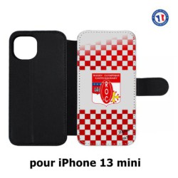 Etui cuir pour iPhone 13 mini Club Rugby Castelnaudary fond quadrillé rouge blanc