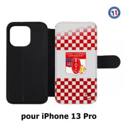 Etui cuir pour iPhone 13 Pro Club Rugby Castelnaudary fond quadrillé rouge blanc