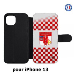 Etui cuir pour iPhone 13 Club Rugby Castelnaudary fond quadrillé rouge blanc
