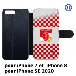 Etui cuir pour iPhone 7/8 et iPhone SE 2020 Club Rugby Castelnaudary fond quadrillé rouge blanc