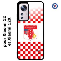 Coque pour Xiaomi 12 et Xiaomi 12X Club Rugby Castelnaudary fond quadrillé rouge blanc