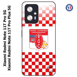 Coque pour Xiaomi Redmi Note 11T PRO / 11T PRO PLUS Club Rugby Castelnaudary fond quadrillé rouge blanc