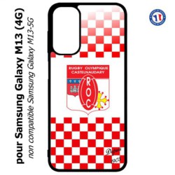 Coque pour Samsung Galaxy M13 (4G) Club Rugby Castelnaudary fond quadrillé rouge blanc