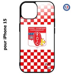 Coque pour iPhone 15 - Club Rugby Castelnaudary fond quadrillé rouge blanc