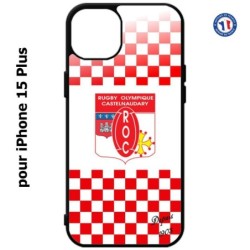 Coque pour iPhone 15 Plus - Club Rugby Castelnaudary fond quadrillé rouge blanc